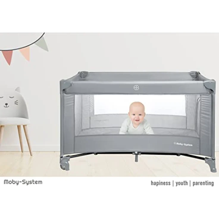 Moby-System Baby Reisebett 128x68 cm, faltbar mit Matratze & Tragetasche, 2-fach höhenverstellbar, grau – Bild 4