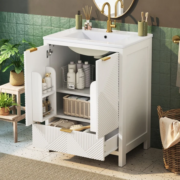 Freistehender Badschrank mit Keramikwaschbecken, 61 x 47 x 87 cm, MDF, Weiß, Wellenstruktur – Bild 3
