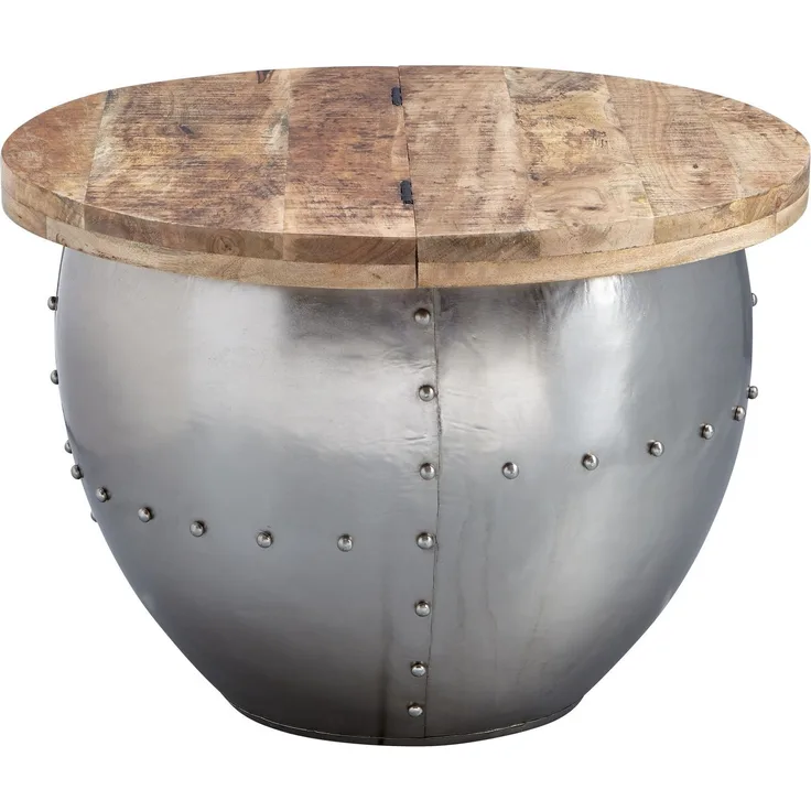 Wohnling Runder Couchtisch im Industrial Style, Mango Massivholz/Metall Silber, 60 x 43 x 60 cm