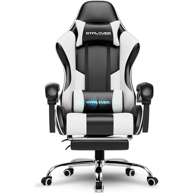 GTPLAYER Gaming Stuhl Bürostuhl Massage Gaming Sessel Ergonomischer Gamer Stuhl mit Fußstütze, Kopfstütze Massage-Lendenkissen, Gepolstert Gaming Chair, Drehsessel, weiß