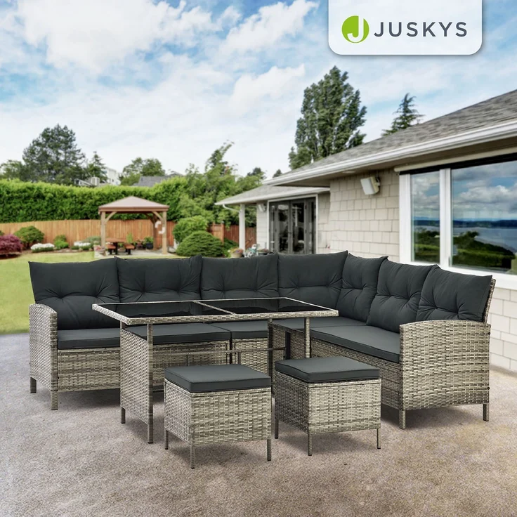 Juskys 'Manacor' Lounge mit Sofa, Tisch, 2 Hocker & Kissen, Polyrattan grau-meliert, 7 Personen – Bild 7