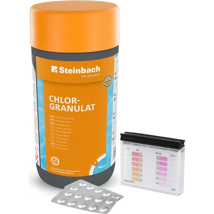 Steinbach | Poolpflege Test-Set | Chlorgranulat 1 KG & Testkit für pH-Wert/Chlor | ideal zur Wasserkontrolle, Erstdosierung & Schockbehandlung | Poolwasser sauber & kristallklar – Bild 1