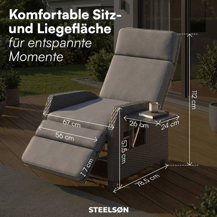 STEELSØN 'Caelum' Polyrattan Sessel mit Liegefunktion, schwarz, verstellbare Rückenlehne, inkl. Polster, Ausklapptisch, wetterfest, 2er Set – Bild 8