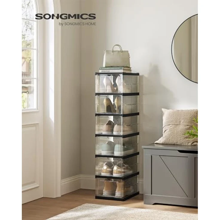 SONGMICS Schuhschrank, mit 6 Schuhboxen, integrierter Schuh-Organizer, faltbar, tragbar, für Schuhe bis Größe 46, 1-Min-Montage, transparent-tintenschwarz LSP205B01 – Bild 3