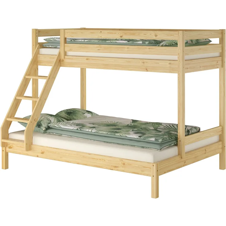 Doppel-Etagenbett 140x200 und 90x200 Erwachsenen-Stockbett Kiefer Massivholz natur V-60.18-09-14Rollrost und Matratze inkl.