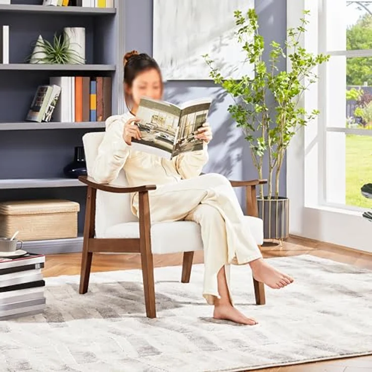 Yaheetech Relaxsessel Retro Loungesessel Polsterstuhl Fernsehsessel Lesesessel Einzelsofa bis 136 kg Belastbar für Wohnzimmer/Empfangsraum/Heimkino/Schlafzimmer Elfenbein – Bild 6
