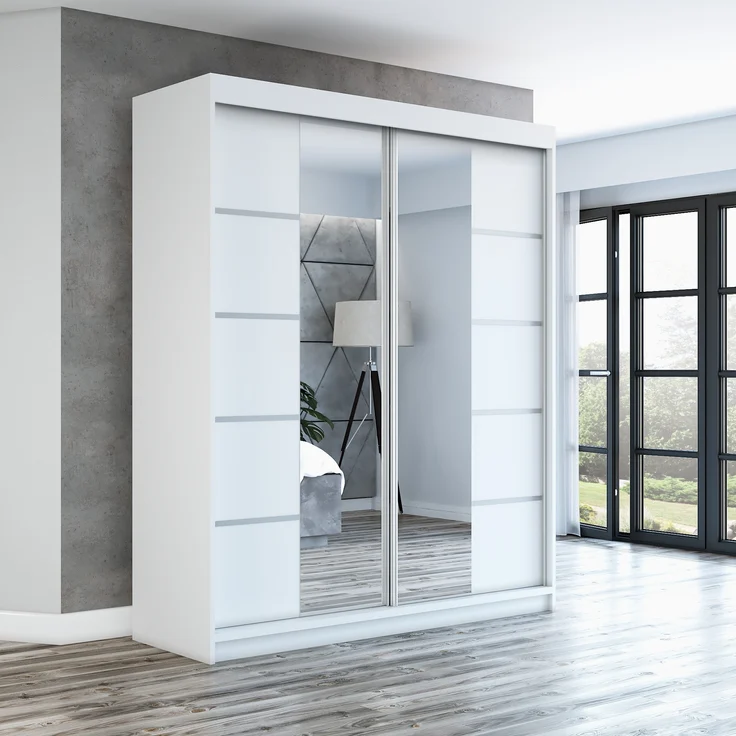 Schwebetürenschrank ERA 2-türig Schrank 160 cm (mit Spiegel) Farbe: Weiß – Bild 2