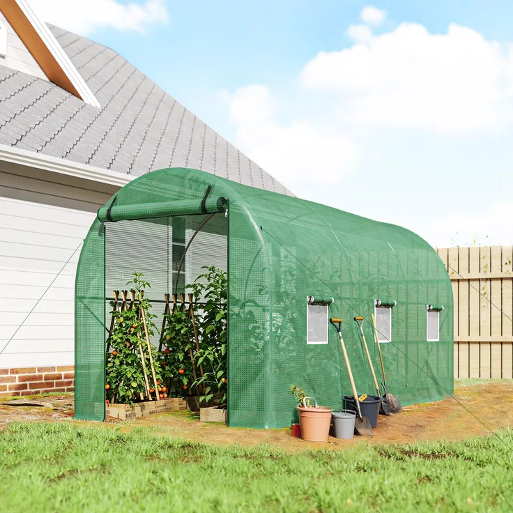 Wohnora-8 m² Tunnelgewächshaus (4 m L x 2 m B x 1,9 m H) Verstärkter, verzinkter Stahl, 2,4 cm Durchmesser + PE-Fenster, grüne Tür,H 1900cm x T 1470cm x B 1950cm,Grün
