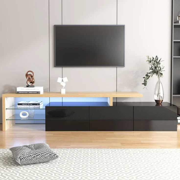 TV-Lowboard 197.5 cm mit LED-Beleuchtung, Glasböden & 3 Schränken, modernes Schwarz-Holz Design für Wohnzimmer – Bild 4