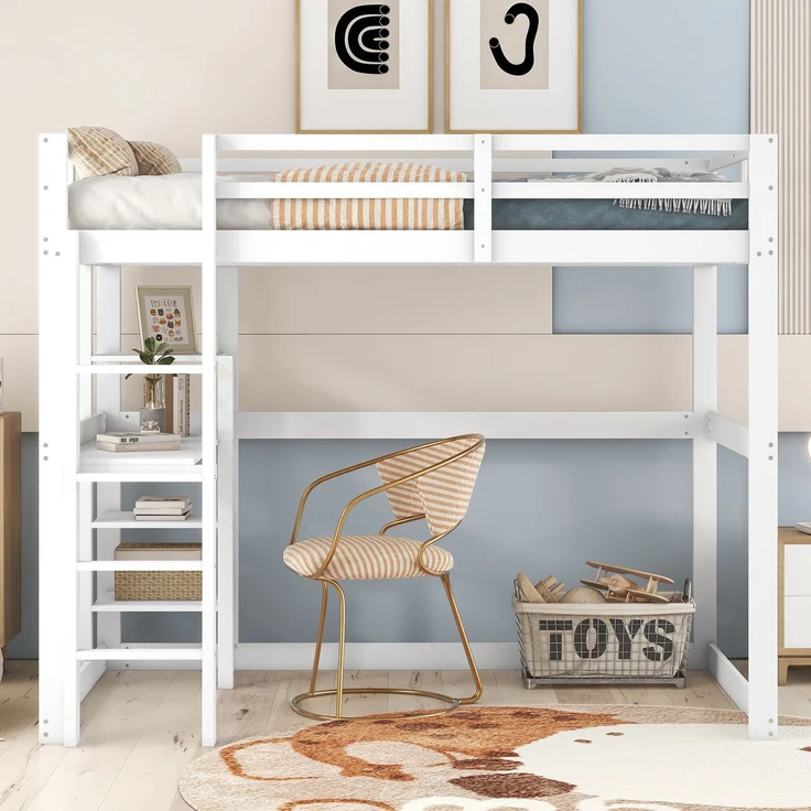 Hochbett 140x200 cm mit Schreibtisch und 4 Ablagefächern, Kinderbett Doppelbett aus massivem Kiefernholz,mit Stauraum,Weiß – Bild 3