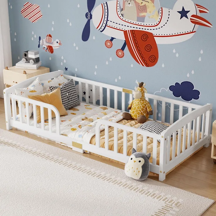 FAVSH Montessori Bodenbett 90x200 cm aus Massivholz, mit Rausfallschutz und mittigem Einstieg, niedriges Bodenbett aus Kiefernholz für Jungen und Mädchen, Einzelbett (Weiß)