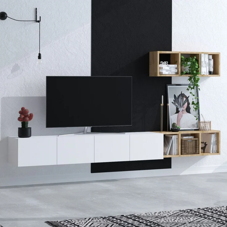 Calicosy TV-Schrank 4 Türen Weiß mit Eichenregal L215 cm - PIA - Weiß – Bild 4