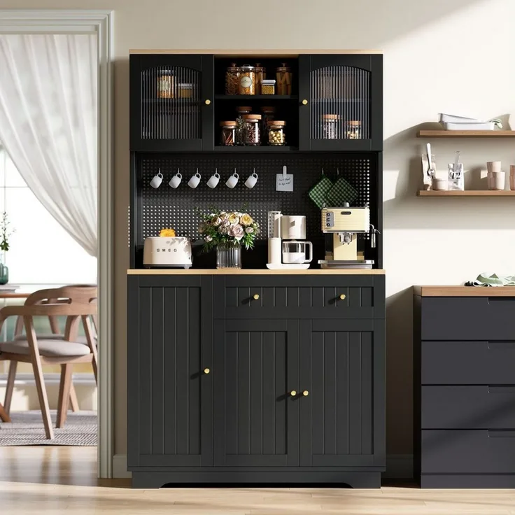 Merax Küchenbuffet Küchenschrank mit Vitrinentüren (1-St, Hochschrank Buffetschrank mit Schublade) mit verstellbaren Einlegeböden, Vorratsschrank mit Lochblech