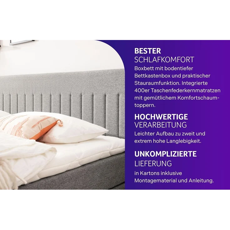Traumnacht Boxbett Nizza mit praktischem Stauraum, mit 7-Zonen Tonnentaschenfederkernmatratze (H3) und Komfortschaumtopper, Leichter Aufbau, 180x200, grau – Bild 3