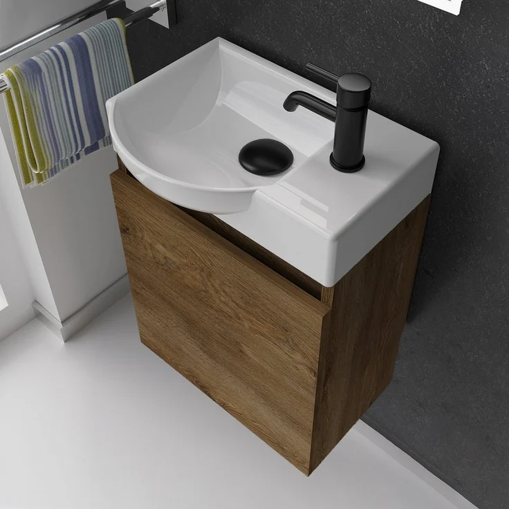 Alpenberger Badmöbel-Set Gäste WC Waschbecken mit Unterschrank - Hängeschrank Vormontiert, (Badschrank 2-tlg, Waschtisch hängend), Waschbeckenunterschrank mit Softclose - Farbe Eiche – Bild 2