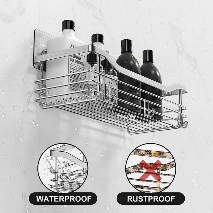 SURFOU Duschregal Duschablage Set ohne Bohren, Edelstahl Regal für Bad und Küche, Duschablage ohne Bohren 2 Stück set, mit 5 haken, zur Aufbewahrung von Shampoo, Duschgel, Handtüchern, Toilettenartikeln und Reinigungsmitteln, Rostfreier Wand-Duschregal – Bild 3