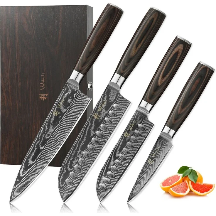 Wakoli Messer-Set EDIB Essentials 4er Damastmesser-Set Küchenmesser Kochmesser (Damastmesser mit Geschenkbox, 4-tlg, 4er Damastmesser-Set), VG10 Kern, 67 Lagen Damaststahl, Pakkaholzgriff, inkl. Geschenkbox – Bild 5