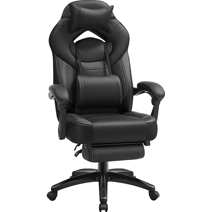 SONGMICS Gaming Stuhl, Bürostuhl mit Fußstütze, Schreibtischstuhl, ergonomisches Design, verstellbare Kopfstütze, Lendenstütze, bis zu 150 kg belastbar, schwarz OBG077B01