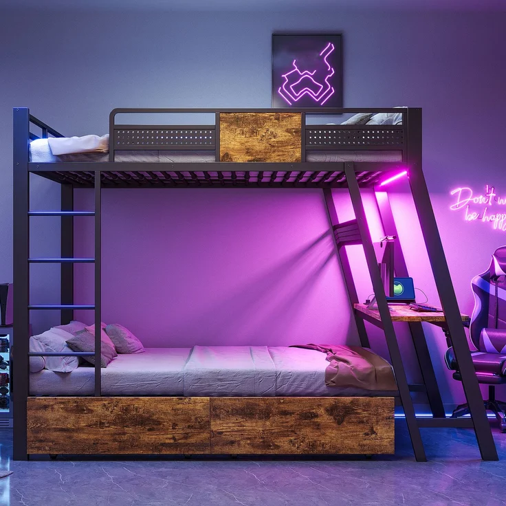 Metall-Etagenbett 90×200cm,integrierter Gaming-Schreibtisch mit Steckdosen, USB- und Type-C-Anschlüssen, mit LED-Lichtband, zwei Aufbewahrungskörben, Jugend-Spielbett, Doppel-Eisenbett, Schwarz – Bild 2