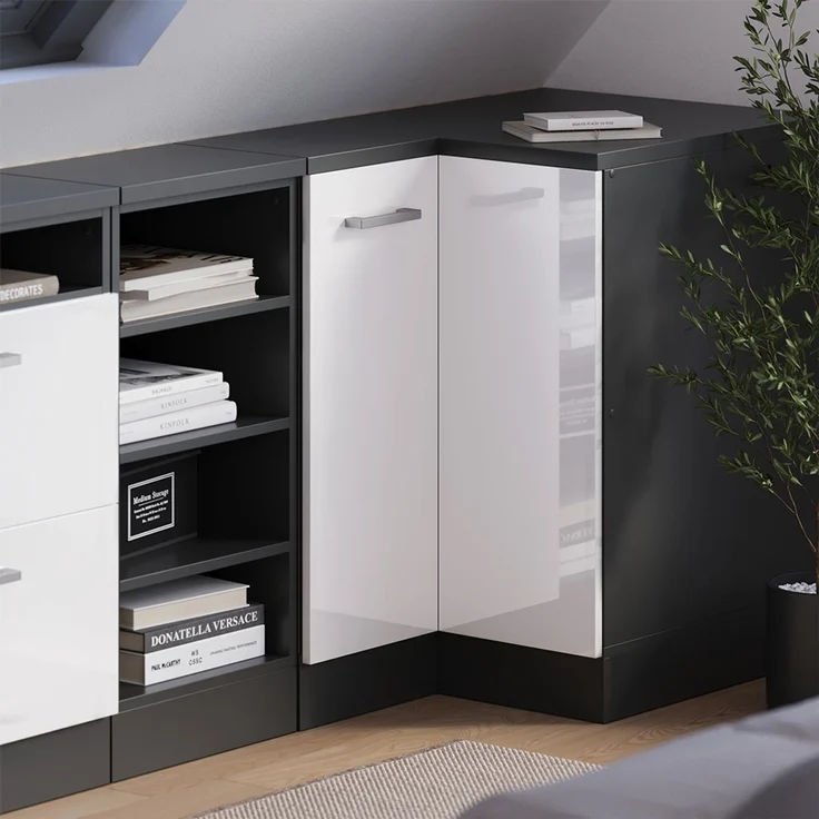 Eck-Küchenschrank für Dachschrägen R-Line Weiß Hochglanz 75.6 cm mit 1 Tür, Schrankkorpus 60 cm Tiefe Vicco – Bild 4