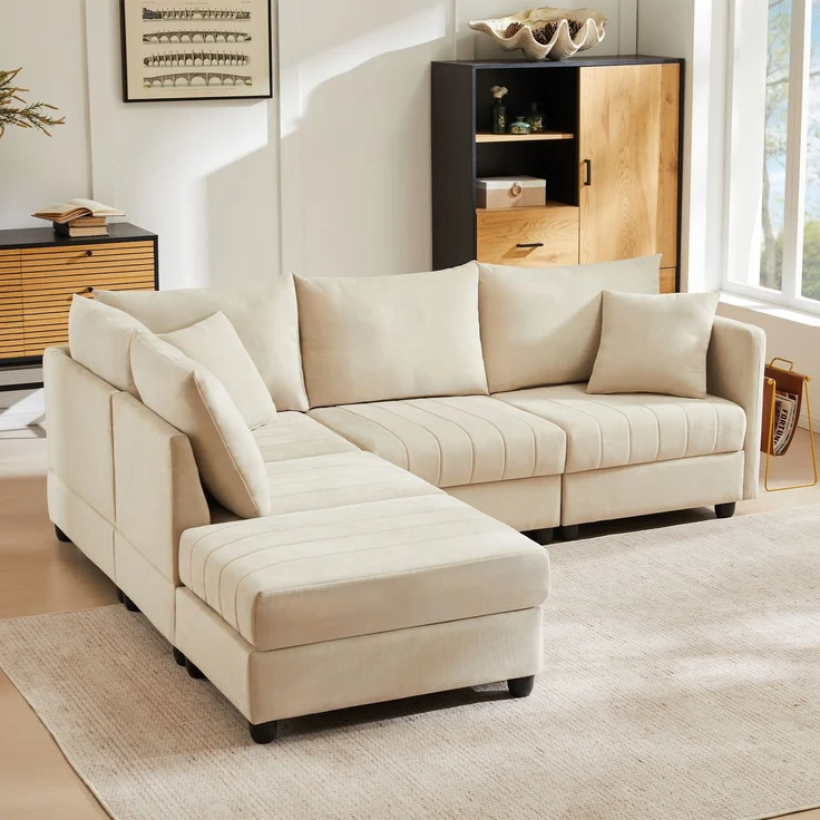 Wohnora-Modernes Ecksofa, Modulares Sofa, 5-Sitzer-Sofa, mit umwandelbarem Fußhocker, L-förmiges Sofa, U-förmiges Sofa, geeignet für Wohnzimmer, Wohnung usw [Old SKU: N653P2501G, N653P9510A],H 85cm x T 220cm x B 194cm,Beige – Bild 2