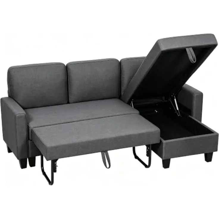HOMCOM Ecksofa L-Form 3-Sitzer Sofa Schlafsofa mit Bettkasten, Leinenoptik, mit Verwandelbarer Chaiselongue 1 Teile, für Wohnung, Wohnzimmer, Dunkelgrau