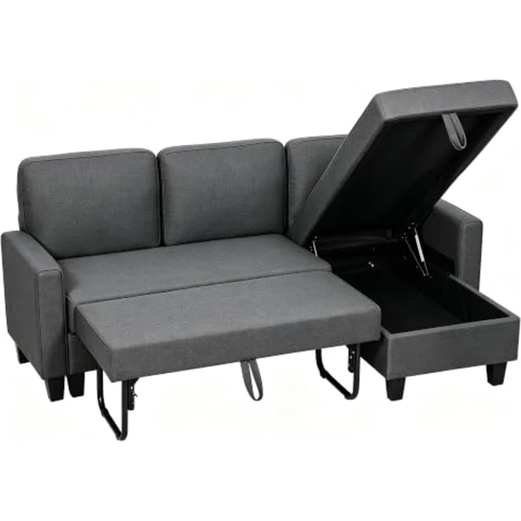 HOMCOM Ecksofa L-Form 3-Sitzer Sofa Schlafsofa mit Bettkasten, Leinenoptik, mit Verwandelbarer Chaiselongue 1 Teile, für Wohnung, Wohnzimmer, Dunkelgrau – Bild 1