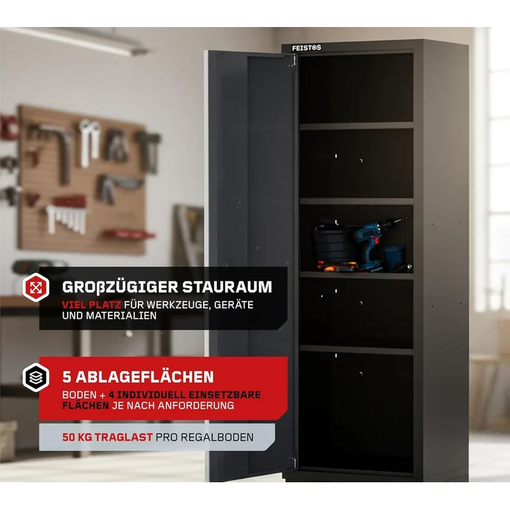 FEISTOS Werkstatteinrichtung | Flügeltür Hochschrank Apollo Solo 1 | Grau/Schwarz | 46x60x200 cm – Bild 4