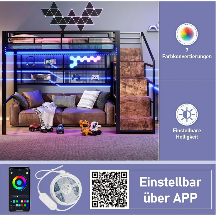 Hochbett mit RGB LED-Streifen, Rausfallschutz, 140x200cm, Treppe mit Regal und Kleiderschrank, Kinderbett, Metallbett – Bild 4