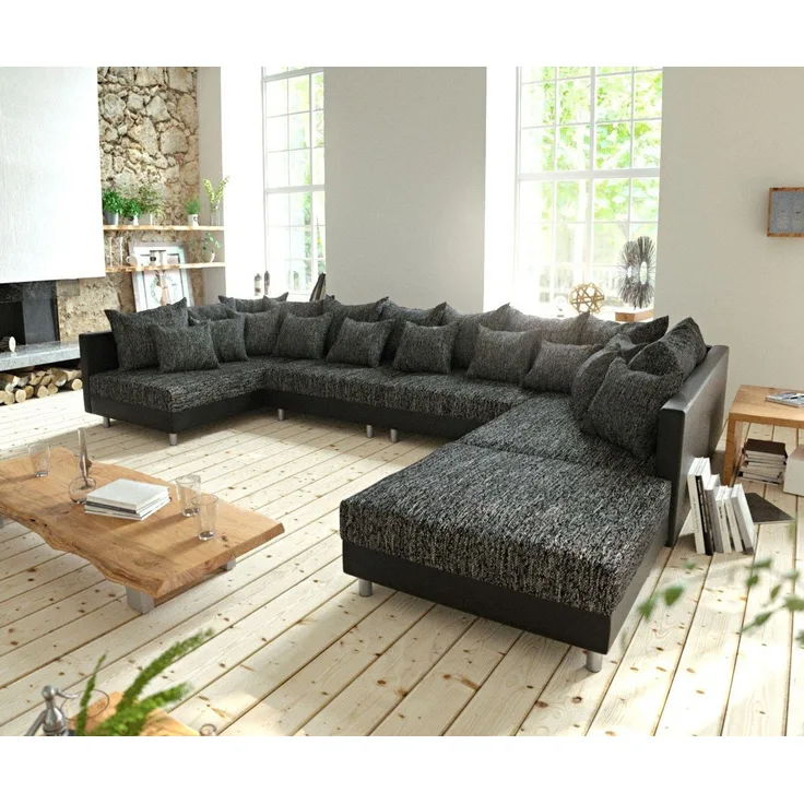 Wohnlandschaft Clovis XL Schwarz Modulsofa mit Hocker