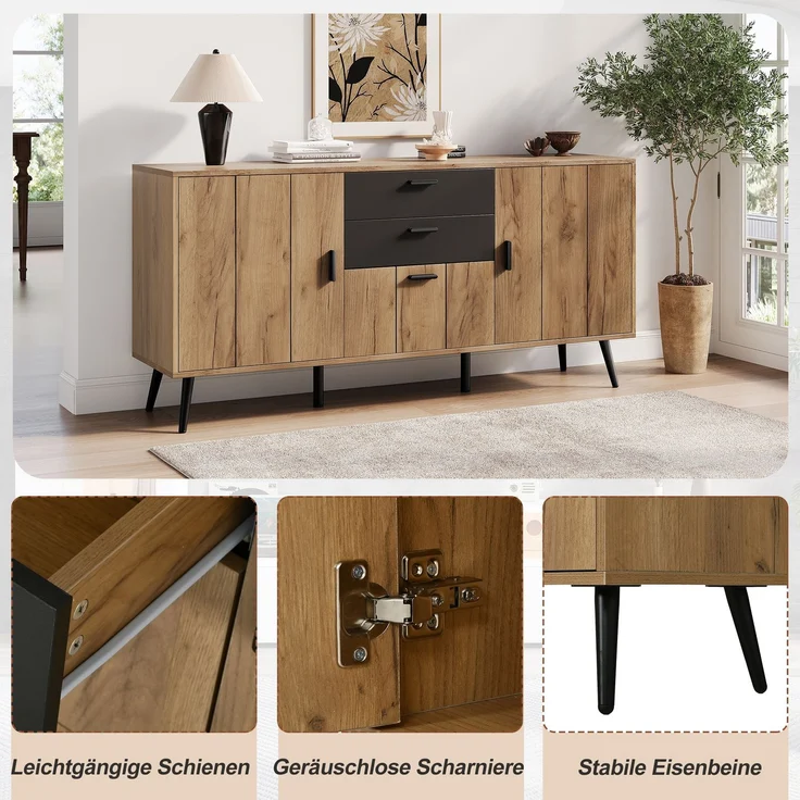 Merax Kommode, Sideboard, Mit Großer Arbeitsplatte, 2 Schubladen, 3 Türen, Beistellschrank Fur Wohnzimmer Esszimmer Küche, Schwarz+Holzfarbe – Bild 6