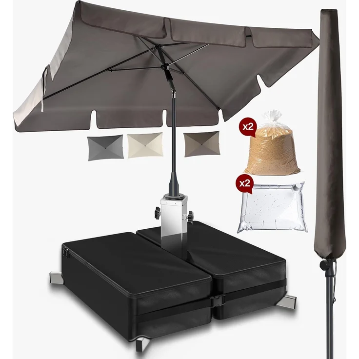 4smile Sonnenschirm rechteckig 200x125 cm, 3er-Set - Sonnenschirm Balkon mit Ständer und Hülle, Sonnenschutz Balkon - Balkonschirm in Taupe, knickbar höhenverstellbar, Sonnenschirmständer
