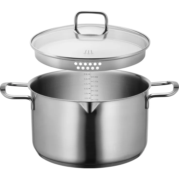 MÄSER Sanvito, Kochtopf 24 cm mit Glasdeckel und praktischem Ausgießer, kleiner Edelstahl Topf mit Siebdeckel und Literskala, geeignet für Induktion, Edelstahl 18/10