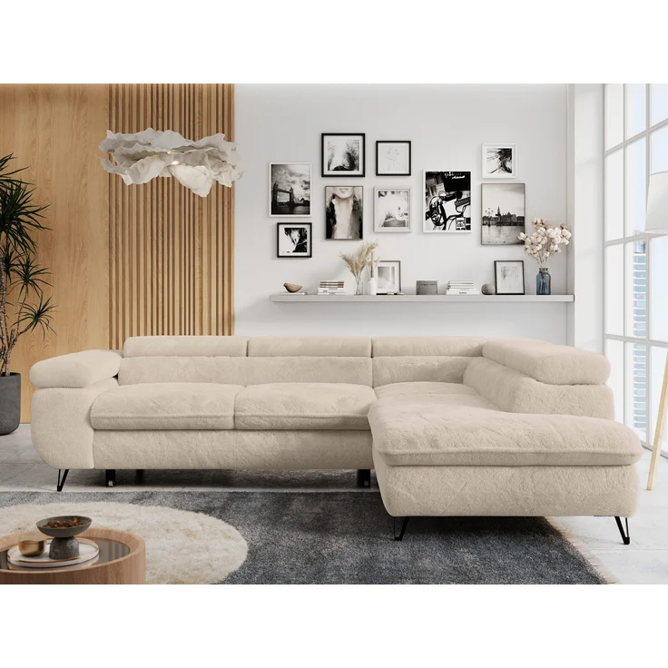 Ecksofa mit Bettfunktion, Modern Sofa, L-form, Einstellbare Kopfstützen, Bettkasten - PETER - Creme Plüsch - Topper T25 - rechts – Bild 4