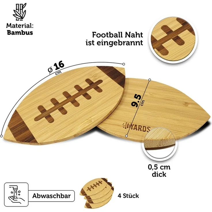 40YARDS Getränkeuntersetzer American Football Untersetzer aus Bambus (4 Stück) - eingravierte Naht, Zubehör für 40YARDS Football Gläser & Tassen, Set, 4-tlg, Bambus Holz – Bild 3