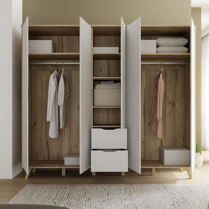 Forte VANKKA Kleiderschrank 230, Skandi Schrank mit 5 Drehtüren und 2 Schubladen, Filigrane Möbelbeine, Holzwerkstoff, Planked Eiche Holzdekor | Weiß, 228,8 cm breit x 201,5 cm hoch x 52,7 cm tief – Bild 6