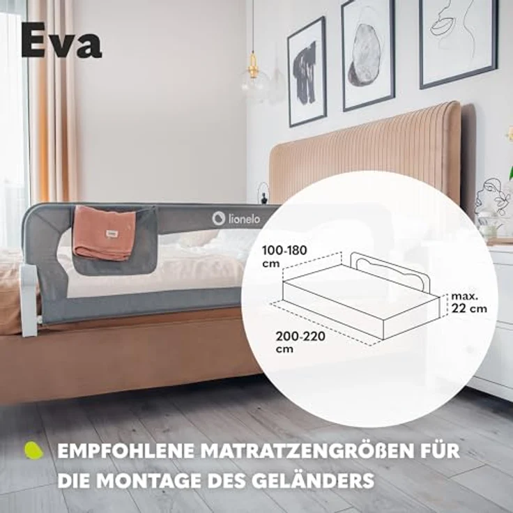 lionelo Bettschutzgitter Eva (TOP, Zwei Sicherheitsgurte, Neigungsverstellung, einfache Montage), Einfache Montage, Zusammenklappbar um 180 Grad, Robuste Konstruktion – Bild 8