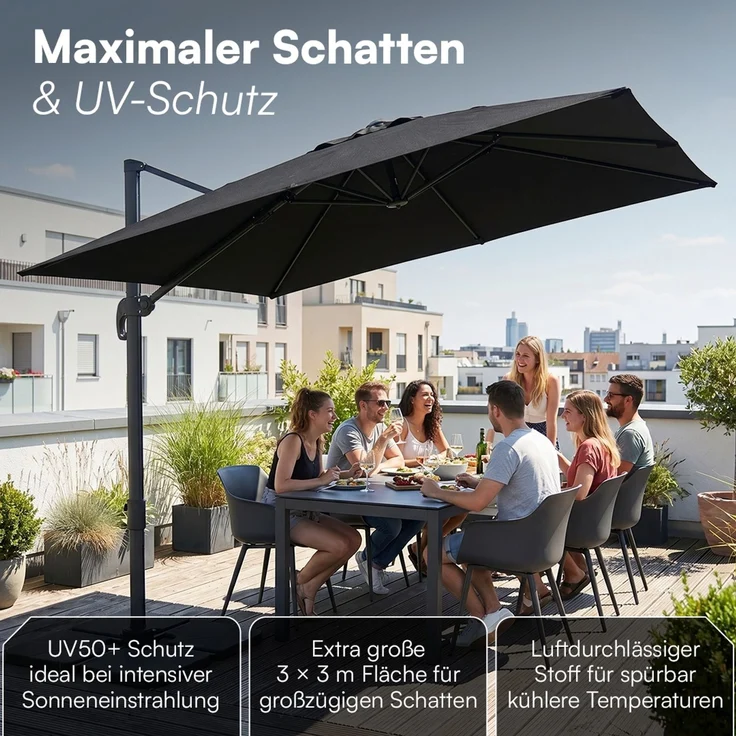 STEELSØN 'Lyrion' Sonnenschirm 300x300 cm quadratisch, neigbar und 360-Grad drehbar, schwarz, Ampelschirm inkl. Abdeckung, UV50+ – Bild 8