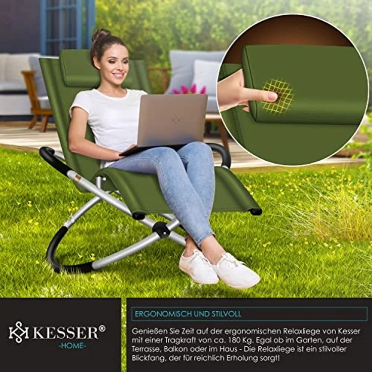 KESSER® Relaxliege Liegestuhl | Gartenliege Sonnenliege | Gartenstuhl | Klappstuhl faltbar | Schwungliege | Schaukelsessel | ergonomische Relaxsessel | wetterfest | 180 kg Belastung Khaki – Bild 4