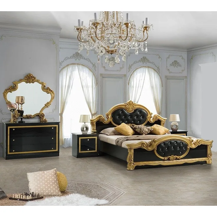 Interdesign24 Schlafzimmer-Set Donna, (inkl. Bett 180 x 200 cm und 2 Nachtkonsolen, im ausgefallenem Barock-Stil mit Goldverzierungen), in Hochglanz Schwarz/Gold