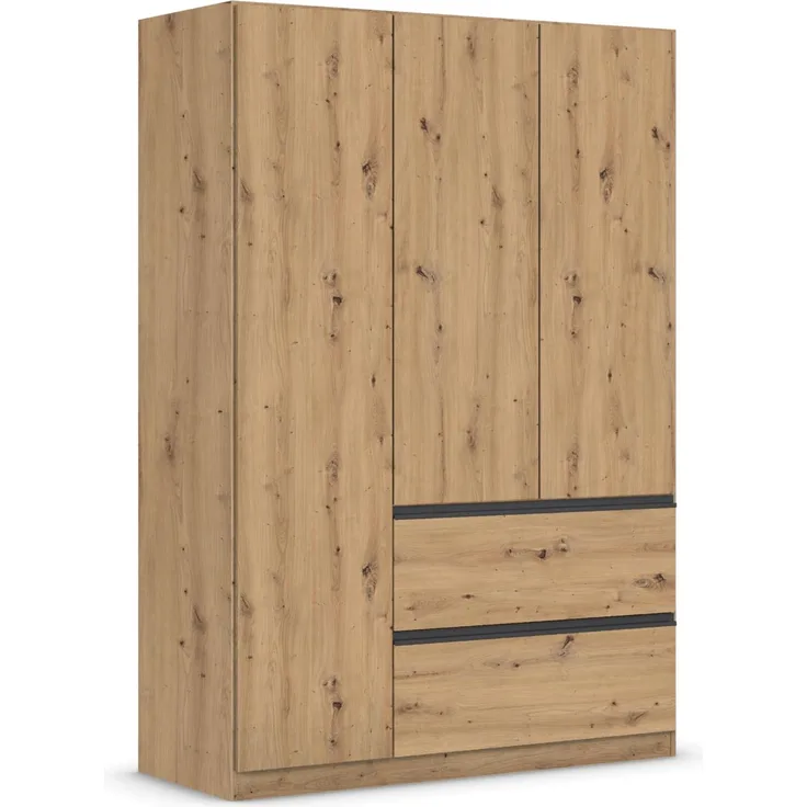 Rauch Möbel Costa, Kleiderschrank für Schlafzimmer, Kinderzimmer, Babyzimmer, Garderobe, Flur, 3-türig, 2 Schubladen, Push-to-Open, mit Zubehör Premium, Farbe Eiche Artisan, Holz, Breite 136 cm