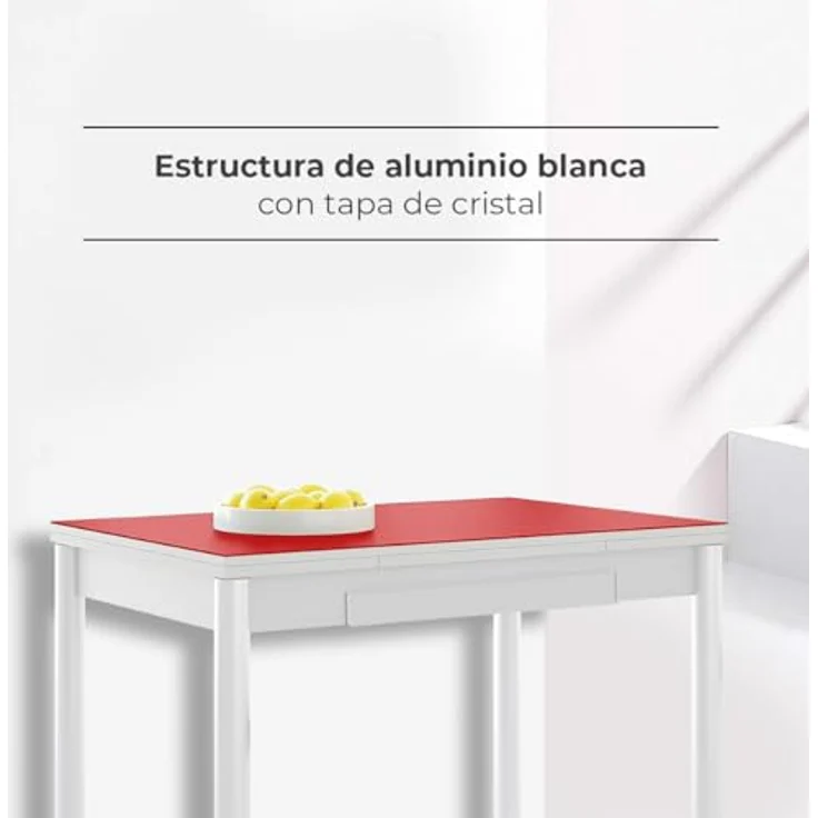 ASTIMESA Ausziehbarer Küchentisch, weißes Gestell mit Glasplatte, rot, ideal für kleine Räume, 90 x 50 cm, ausziehbar 140 x 50 cm – Bild 3