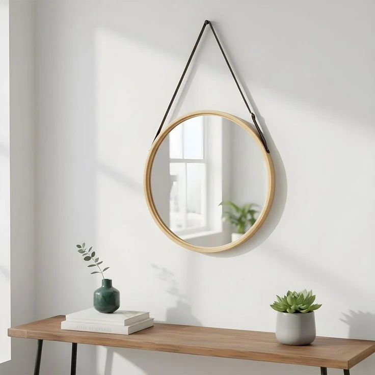 Levandeo® Wandspiegel, Wandspiegel 38cm Rund Bambus Holz Kunstleder Flurspiegel Wanddeko – Bild 3