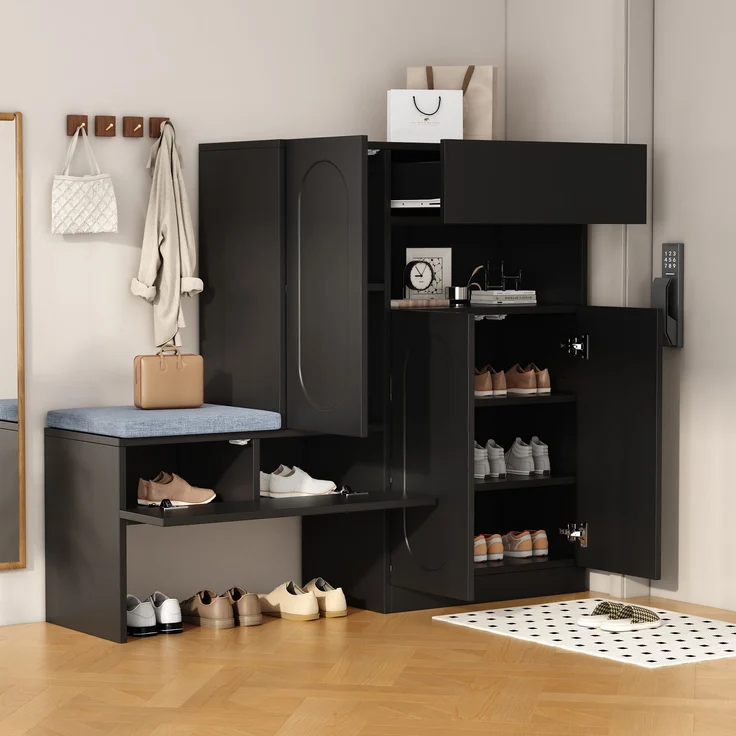Moderner 2-in-1 Schuhschrank mit Sitzbank Schwarz höhenverstellbare Böden Schuhorganizer für Flur Aufbewahrungsbank mit Sanftschließmechanismus Kippsicherung 130 cm Breite Schuhregal mit Sitzauflage, 130cmx35cmx110cm – Bild 2