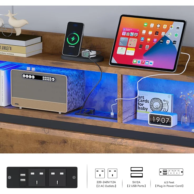 YITAHOME Bettrahmen, LED mit Kopfteil, USB-Anschlüssen und Ladeanschlüssen, Metall-Plattform-Bettrahmen mit 2 Ablagen, kein Boxspringbett erforderlich, Super-King-Size-Größe, Holzfarbe – Bild 4