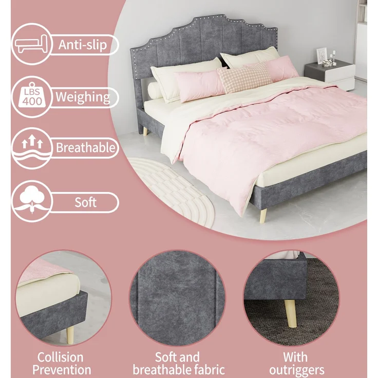 EINHOM Modernes Minimalistisches Polsterbett mit Weichem Kopfteil, 160 x 200 cm, Multifunktionale Schlafzimmermöbel, Bettgestell mit Niedrigem Kasten, ohne Gasdruckfeder, Grau, (Ohne Matratze) – Bild 5