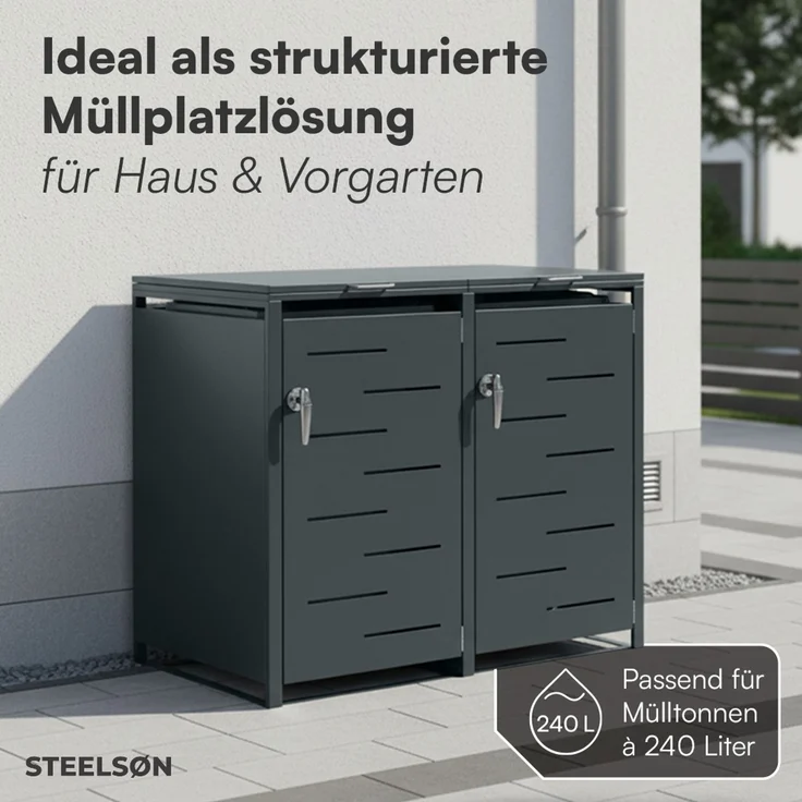 STEELSØN 'Diorus' Mülltonnenbox 2er je 240 Liter, anthrazit, Mülltonnenverkleidung aus Stahl mit Sichtstreifen, wetterfest, 116x80x134 cm, abschließbare Müllbox für 2 Tonnen – Bild 2