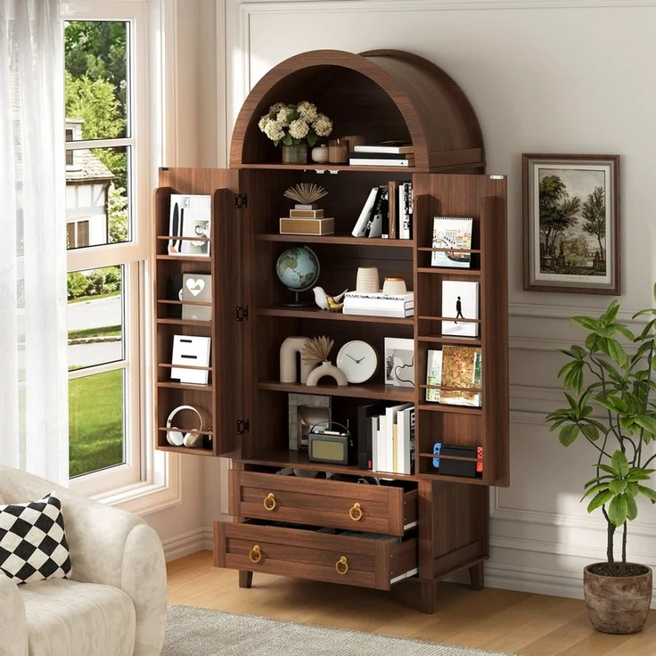 Merax Sideboard mit LED-Beleuchtung, Hochschrank mit Bogen-Nische & Rattan-Dekor (Aufbewahrungsschrank 76 x 40 x 179,5 cm, 1 St), Wohnzimmerschrank mit 2 Türen, 3 Einlegeböden & 2 Schubladen – Bild 2