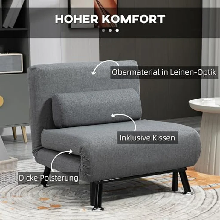 HOMCOM Sessel Schlafsofa, Klappmatratze, Bett, Gästebett (Klappbett, 1-St, Schlafsessel), für Wohnzimmer, Dunkelgrau – Bild 6