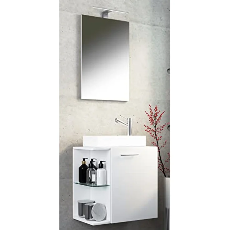 VCM Waschplatz "Hausa", Badmöbelset 3 tlg. für Gäste WC, inkl. Waschbeckenunterschrank und Spiegel aus ESG-Sicherheitsglas, weiß – Bild 2